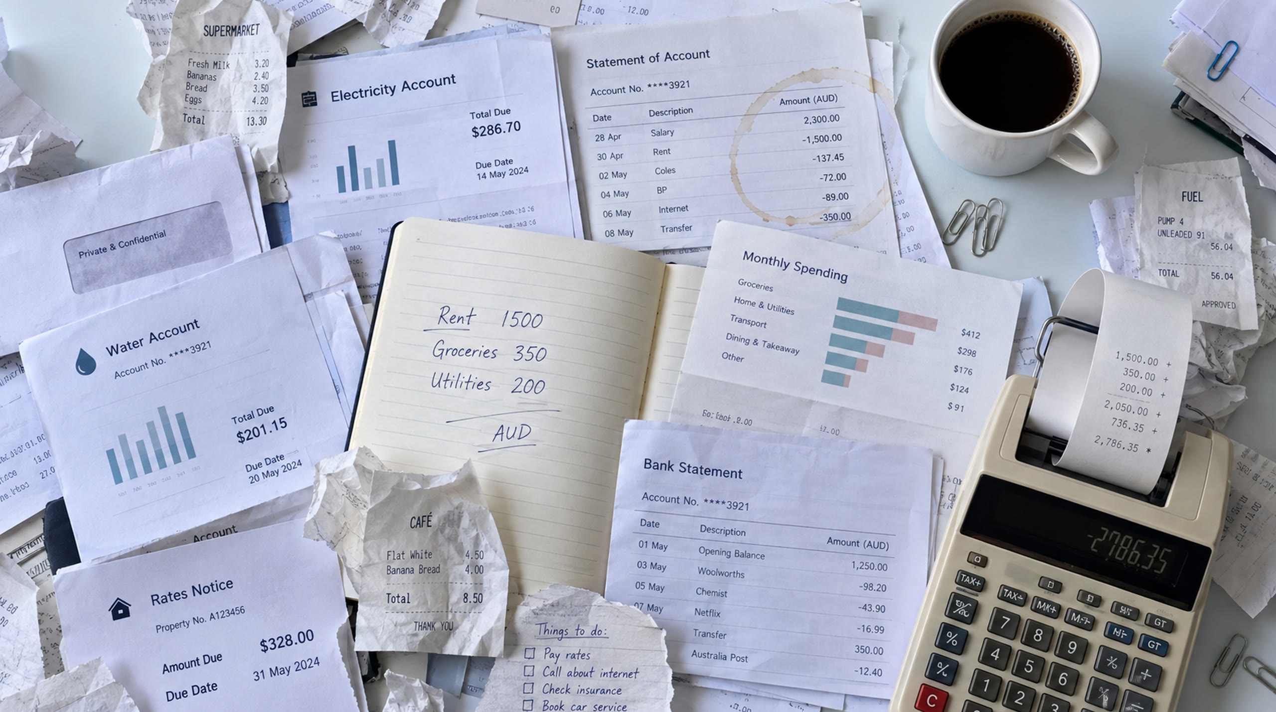 A desk covered in bills, receipts, a notebook of sums and a calculator — the month before you can see what you kept